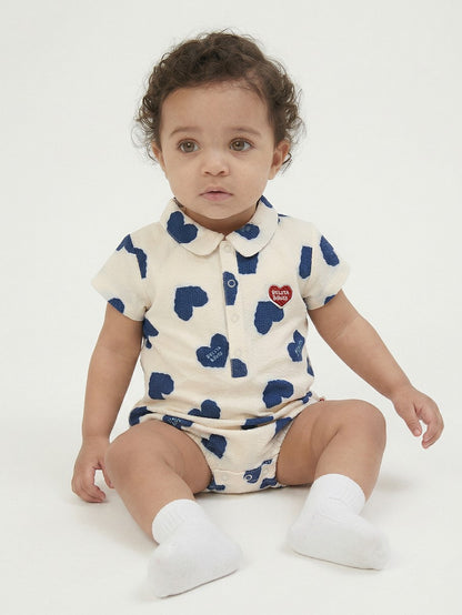 BABY Blue Heart Pattern Polysucker Short Collar Bodysuit