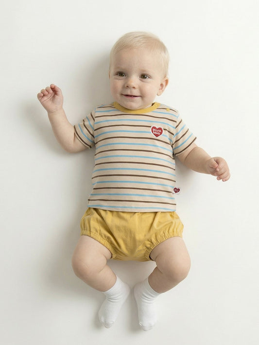[BABY SET] Yellow BB Heart Multi Stripe Shorts