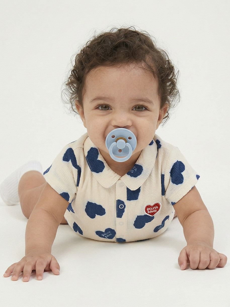 BABY Blue Heart Pattern Polysucker Short Collar Bodysuit