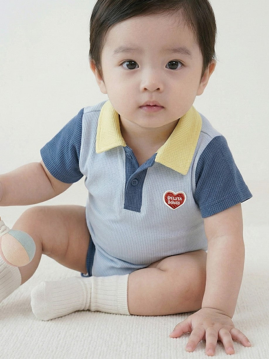 BABY Light Blue BB Heart Color Block Waffle Short Collar Bodysuit