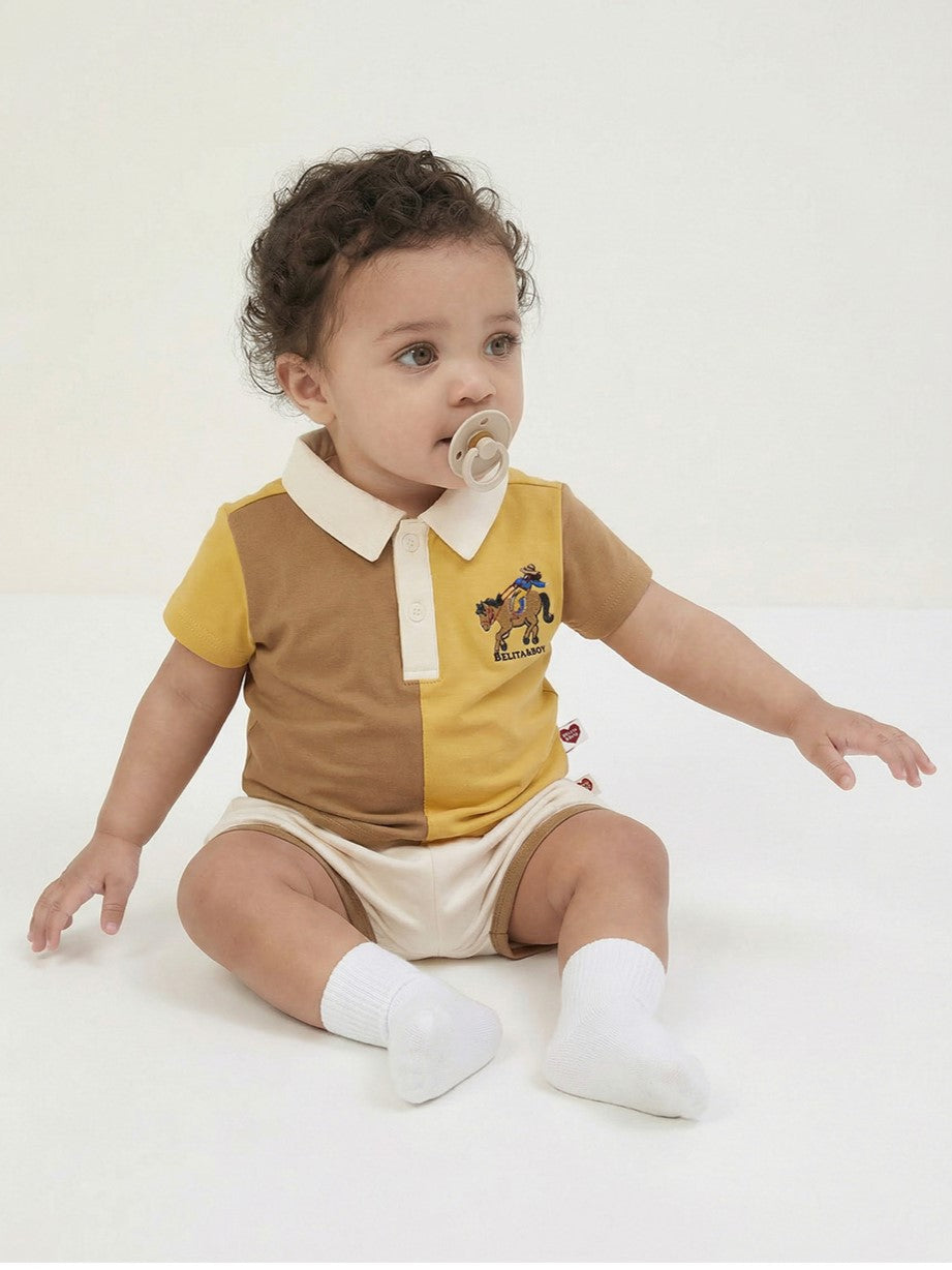 [BABY SET] Yellow Cowboy Half Color Block Collar Shirt & Shorts