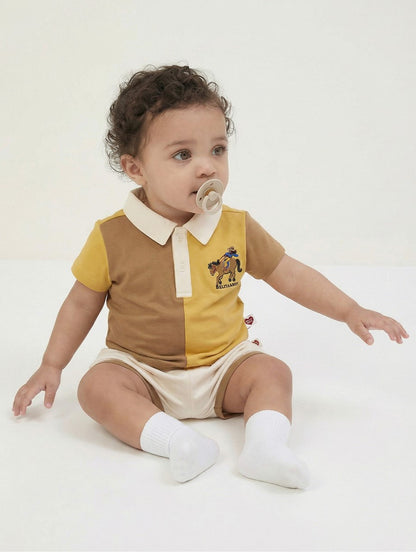 [BABY SET] Yellow Cowboy Half Color Block Collar Shirt & Shorts