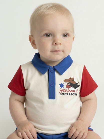 [BABY SET] Cream Cowboy Color Block Collar Shirt & Shorts