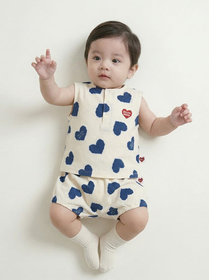 [BABY SET] Blue Heart Pattern Polysucker Sleeveless Shorts
