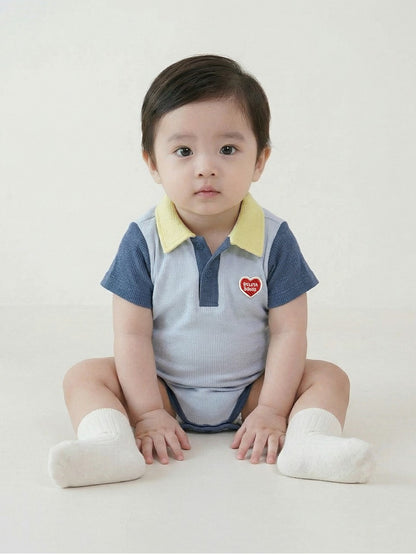 BABY Light Blue BB Heart Color Block Waffle Short Collar Bodysuit