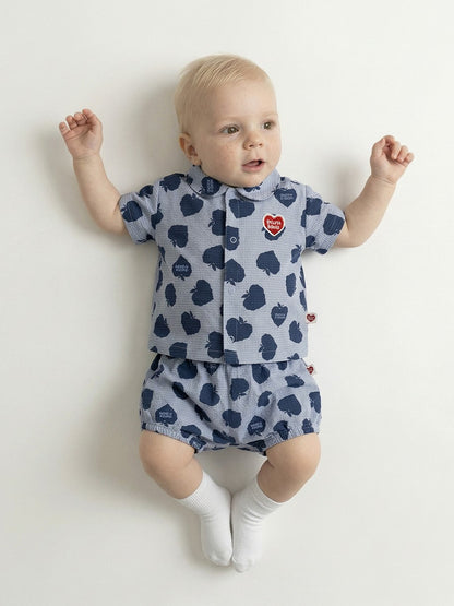 [BABY SET] Navy Bubble Apple Polysucker Shirt & Shorts
