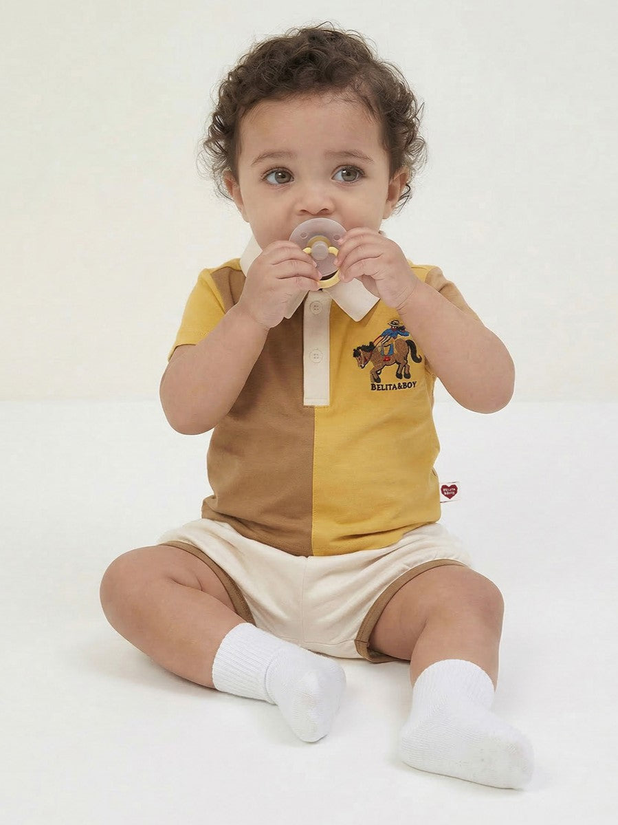 [BABY SET] Yellow Cowboy Half Color Block Collar Shirt & Shorts
