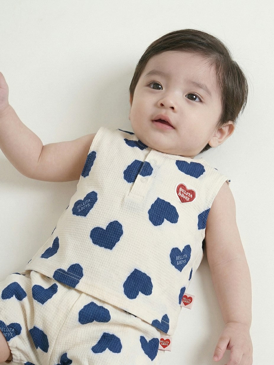 [BABY SET] Blue Heart Pattern Polysucker Sleeveless Shorts