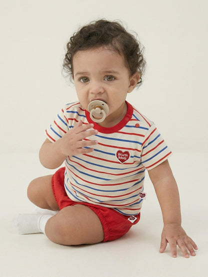 [BABY SET] Red BB Heart Multi Stripe Shorts