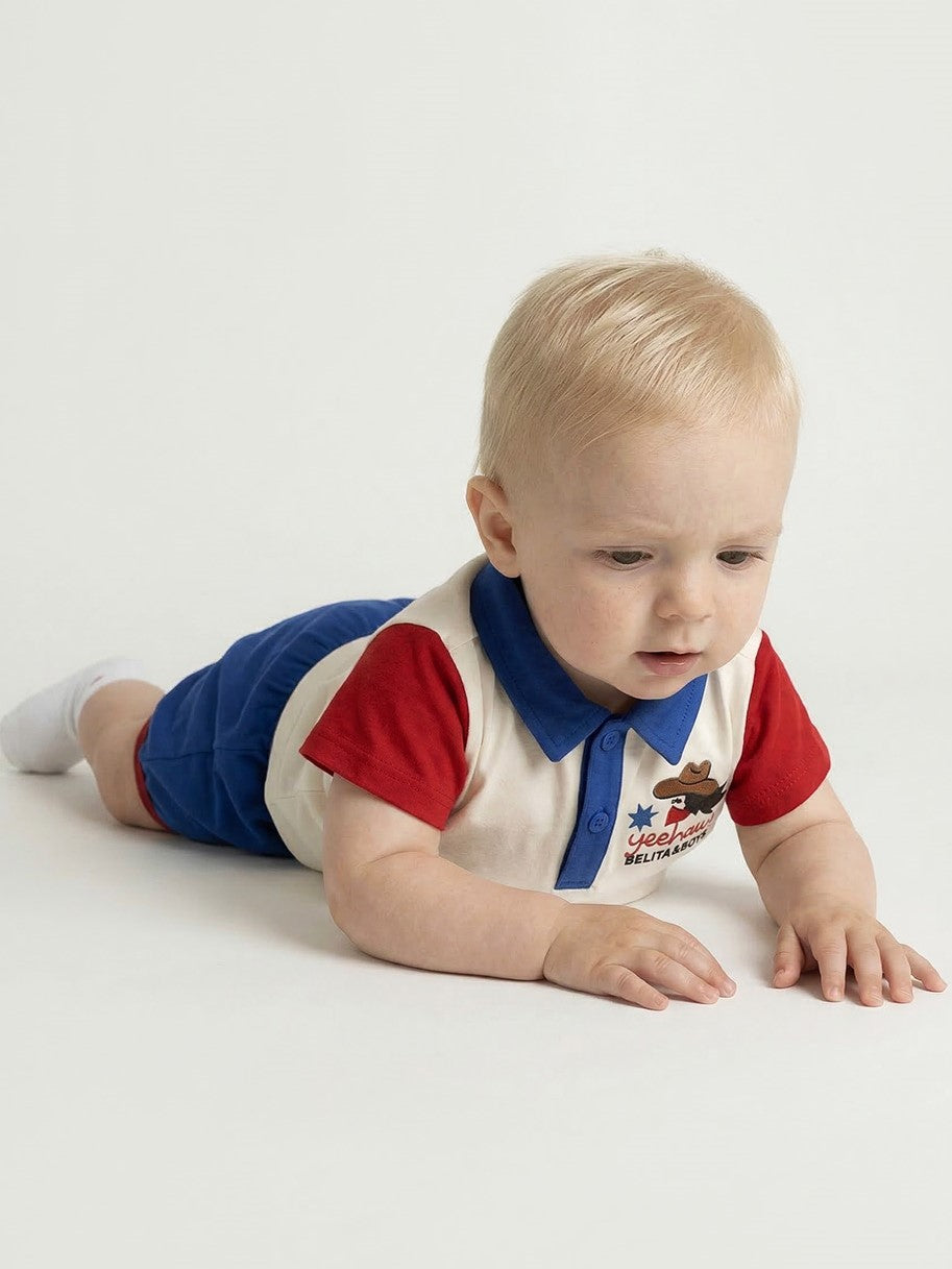 [BABY SET] Cream Cowboy Color Block Collar Shirt & Shorts