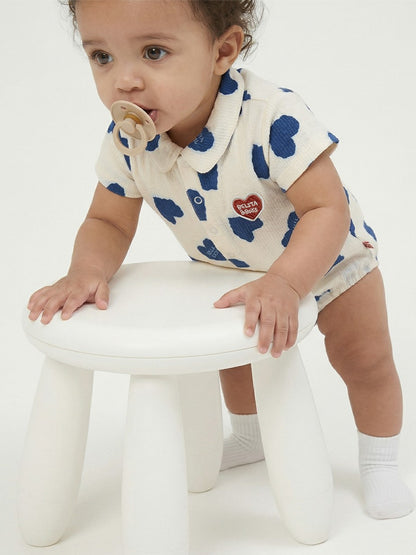 BABY Blue Heart Pattern Polysucker Short Collar Bodysuit
