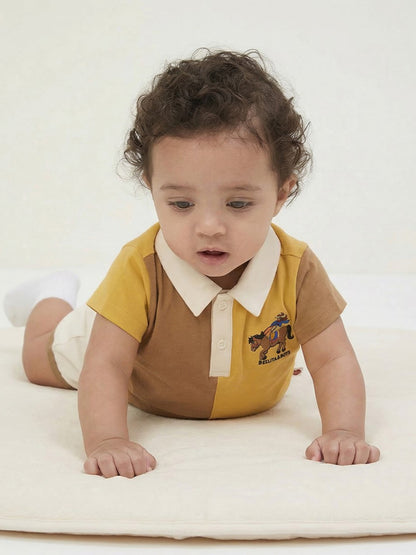[BABY SET] Yellow Cowboy Half Color Block Collar Shirt & Shorts