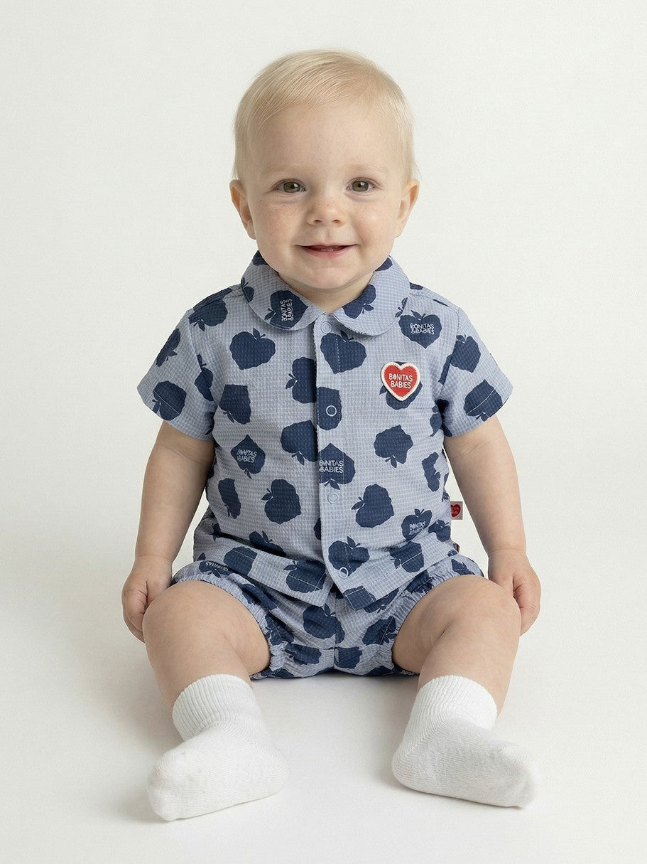 [BABY SET] Navy Bubble Apple Polysucker Shirt & Shorts