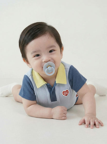 BABY Light Blue BB Heart Color Block Waffle Short Collar Bodysuit