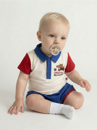 [BABY SET] Cream Cowboy Color Block Collar Shirt & Shorts