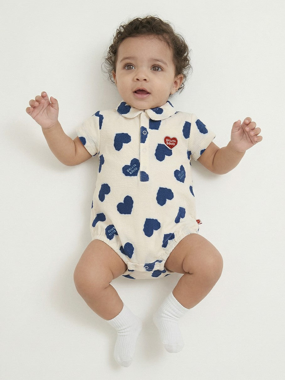 BABY Blue Heart Pattern Polysucker Short Collar Bodysuit