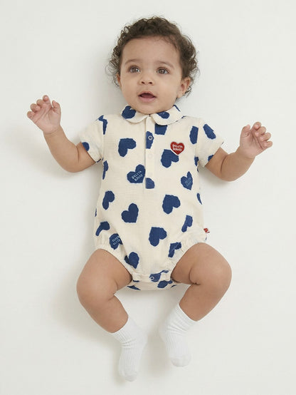 BABY Blue Heart Pattern Polysucker Short Collar Bodysuit