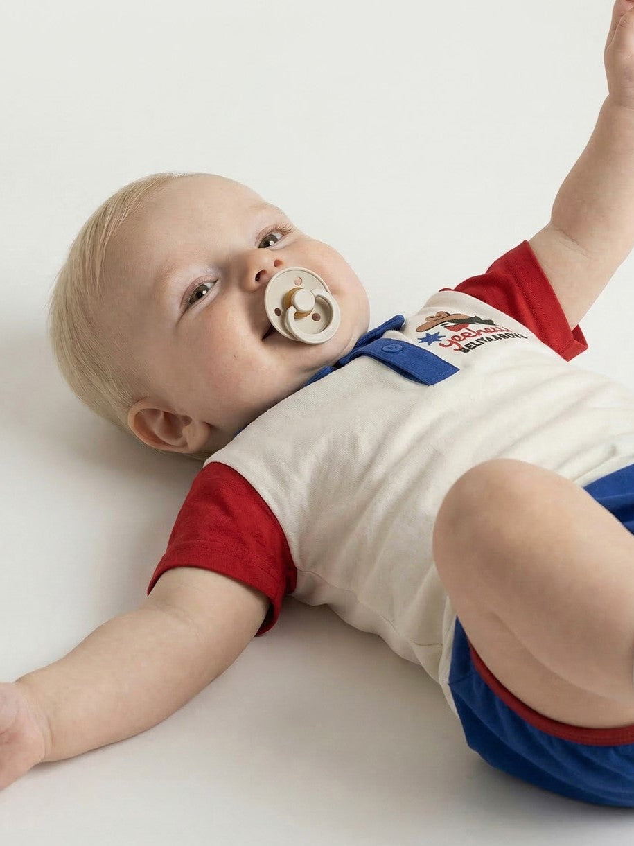 [BABY SET] Cream Cowboy Color Block Collar Shirt & Shorts