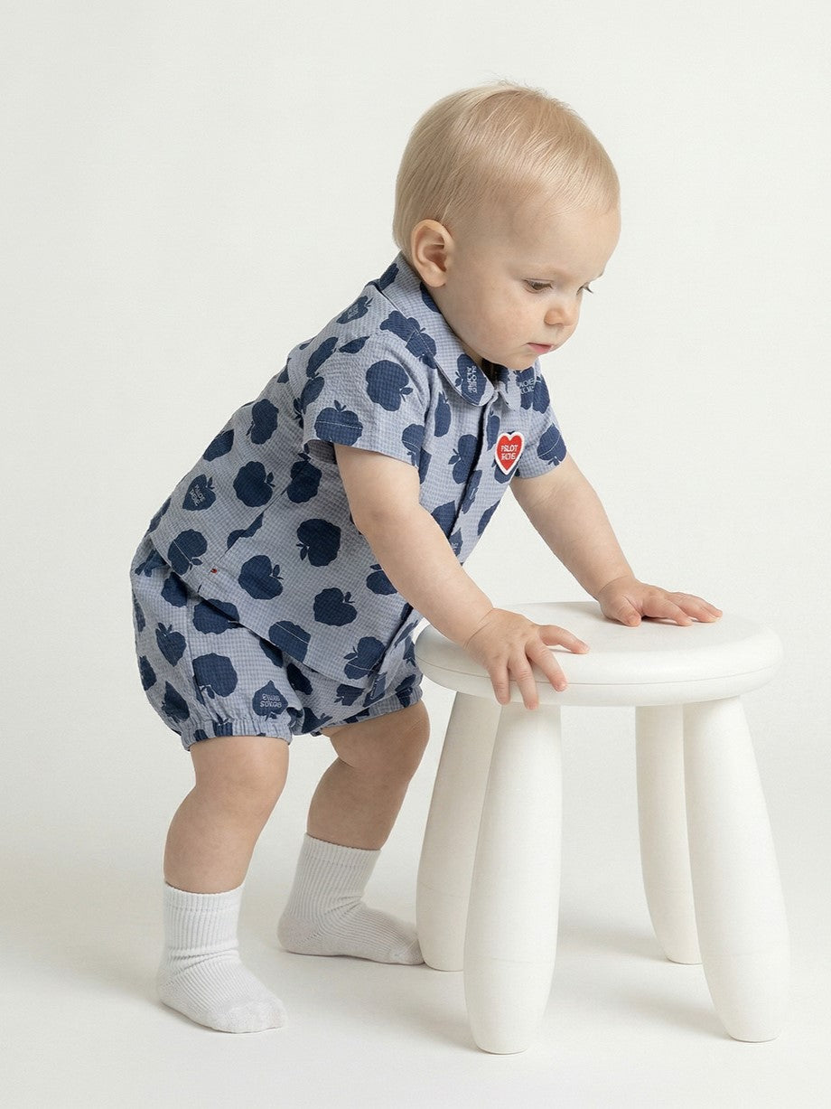 [BABY SET] Navy Bubble Apple Polysucker Shirt & Shorts