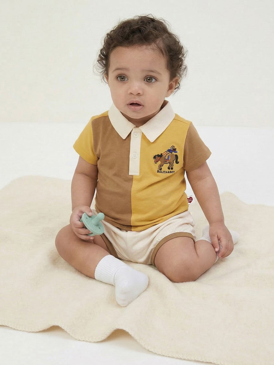 [BABY SET] Yellow Cowboy Half Color Block Collar Shirt & Shorts