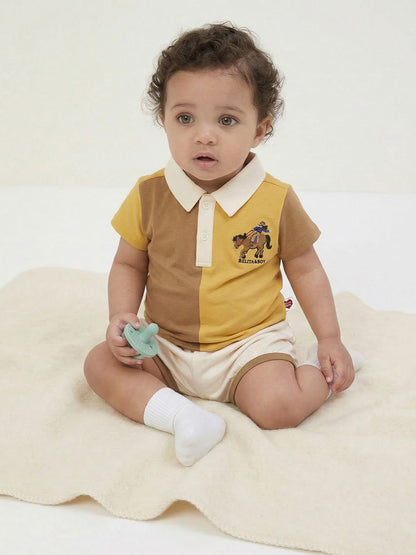 [BABY SET] Yellow Cowboy Half Color Block Collar Shirt & Shorts