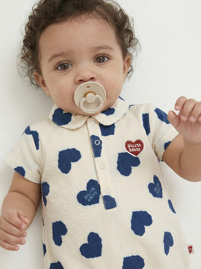 BABY Blue Heart Pattern Polysucker Short Collar Bodysuit
