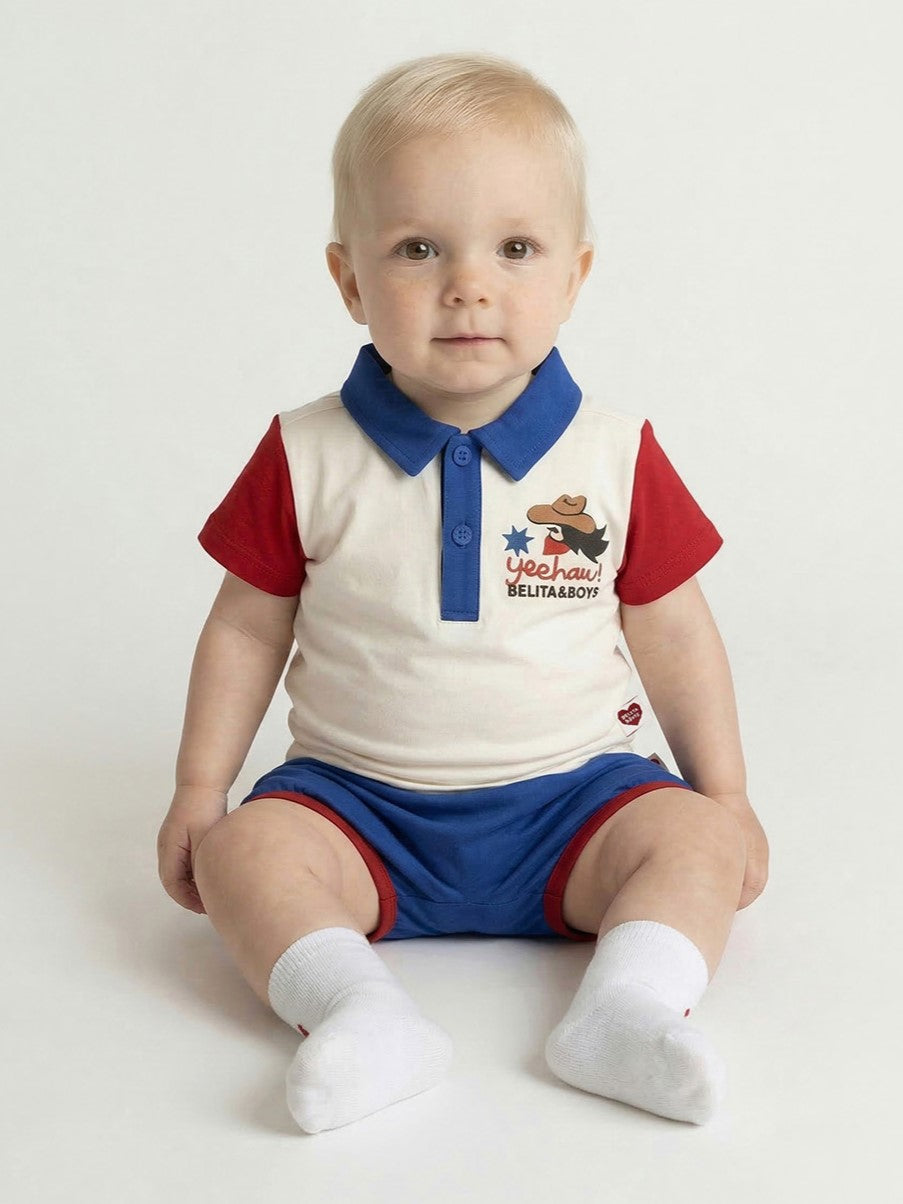 [BABY SET] Cream Cowboy Color Block Collar Shirt & Shorts