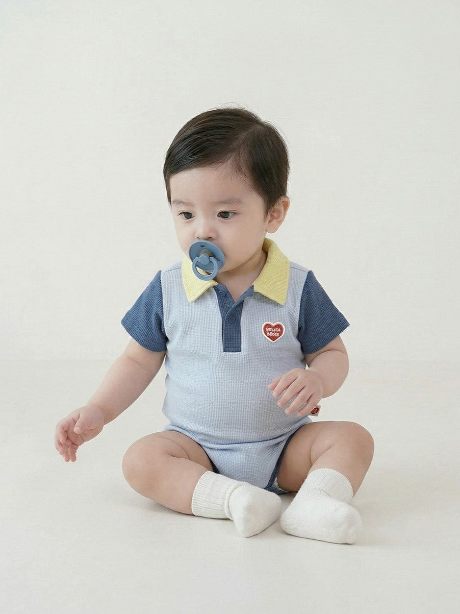BABY Light Blue BB Heart Color Block Waffle Short Collar Bodysuit