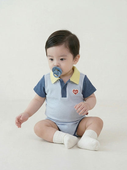 BABY Light Blue BB Heart Color Block Waffle Short Collar Bodysuit
