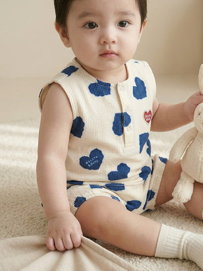 [BABY SET] Blue Heart Pattern Polysucker Sleeveless Shorts