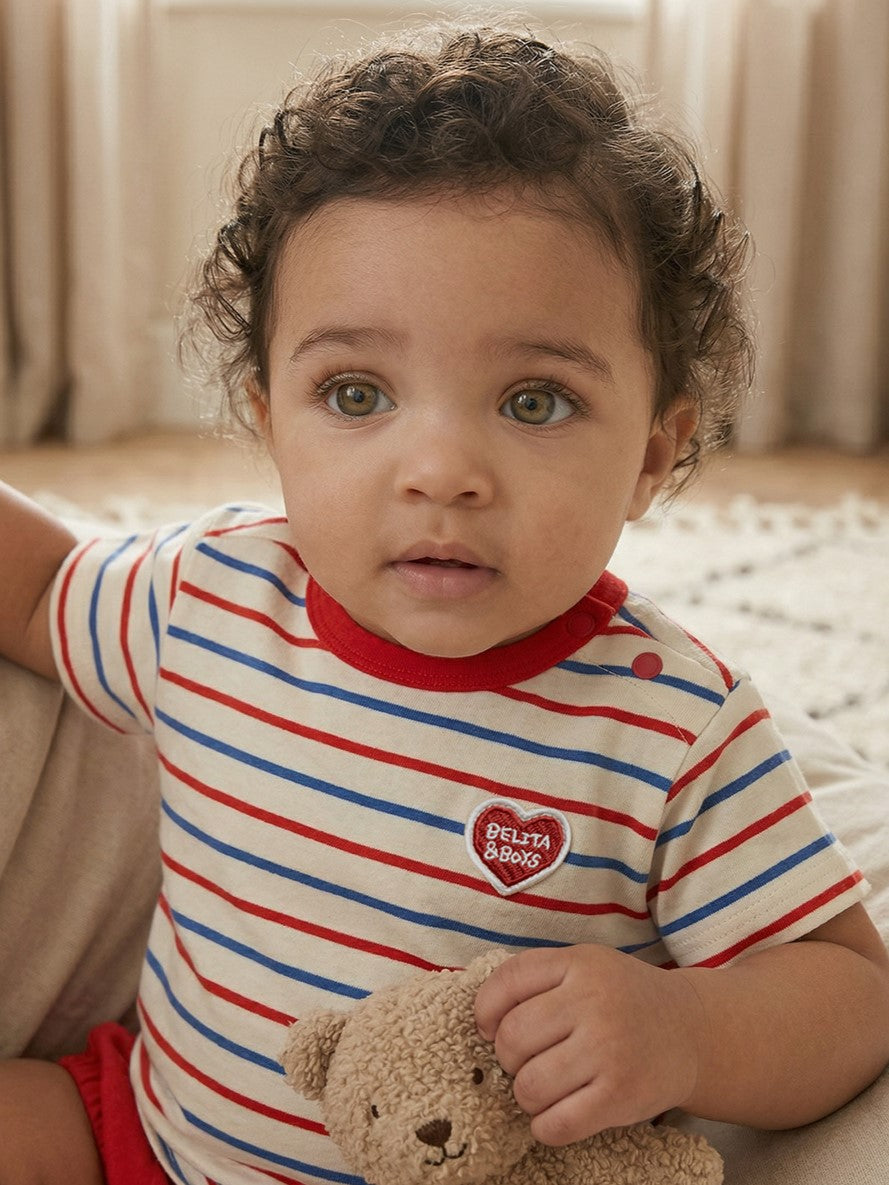 [BABY SET] Red BB Heart Multi Stripe Shorts