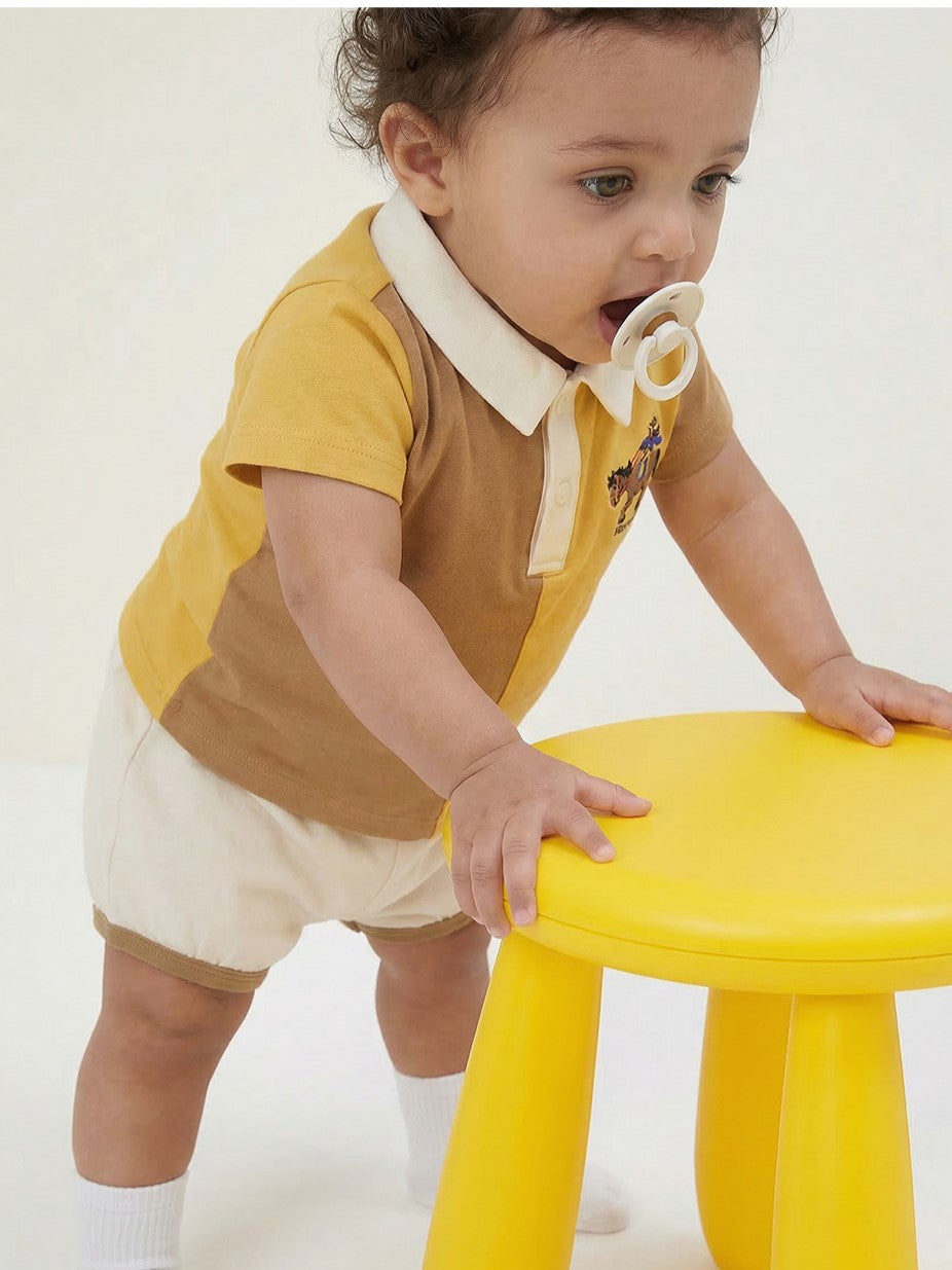[BABY SET] Yellow Cowboy Half Color Block Collar Shirt & Shorts