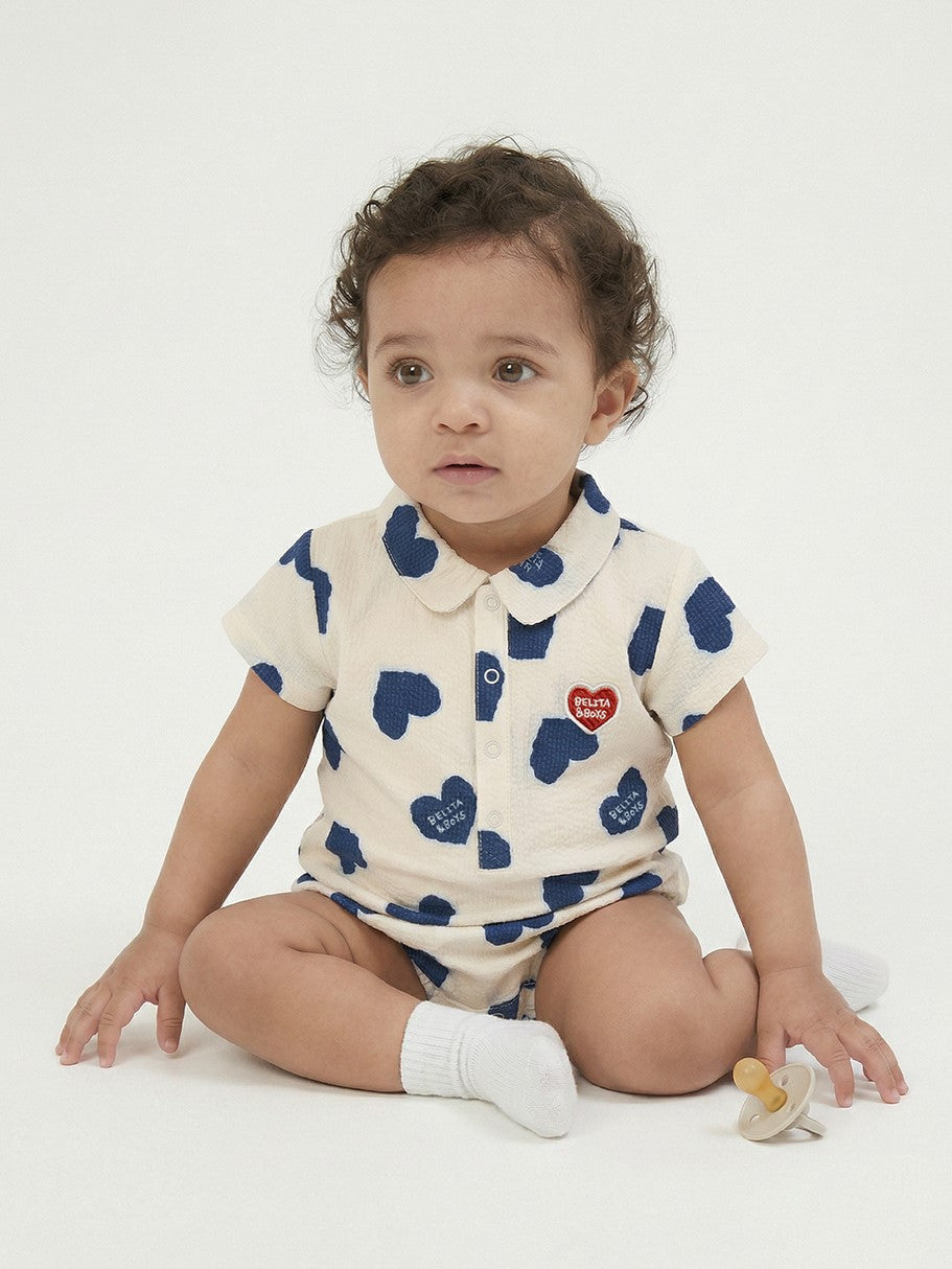 BABY Blue Heart Pattern Polysucker Short Collar Bodysuit