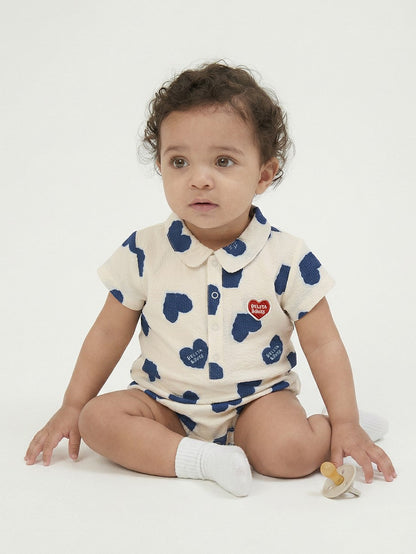 BABY Blue Heart Pattern Polysucker Short Collar Bodysuit