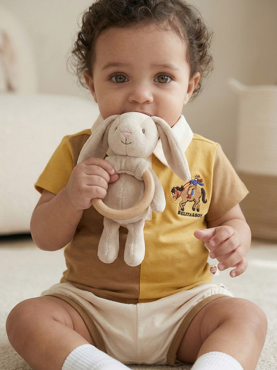 [BABY SET] Yellow Cowboy Half Color Block Collar Shirt & Shorts