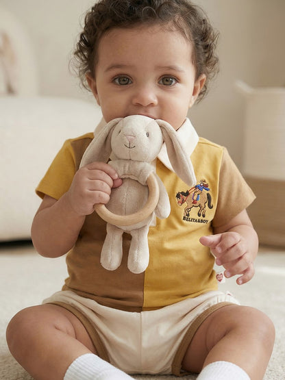 [BABY SET] Yellow Cowboy Half Color Block Collar Shirt & Shorts