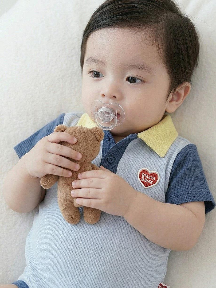 BABY Light Blue BB Heart Color Block Waffle Short Collar Bodysuit