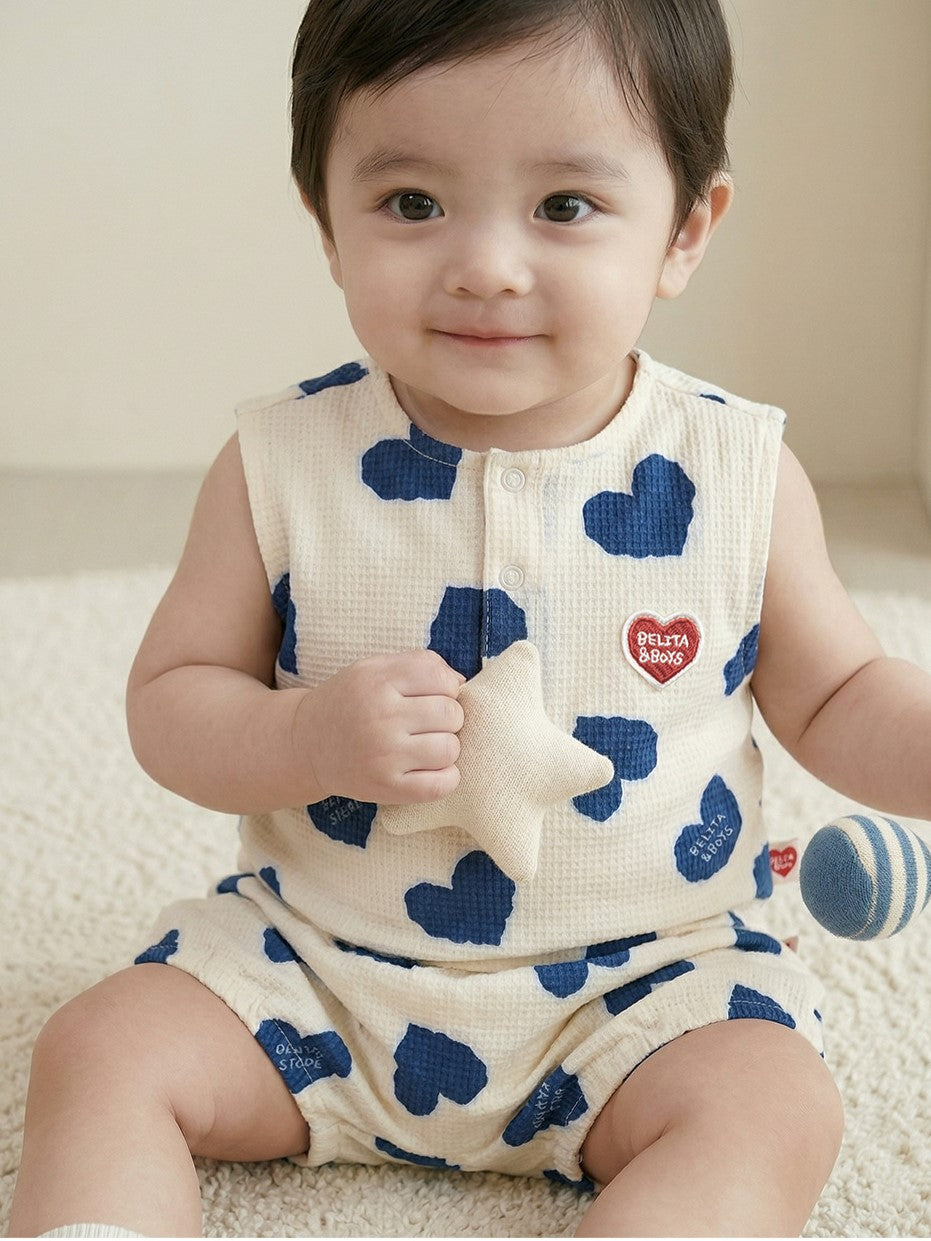 [BABY SET] Blue Heart Pattern Polysucker Sleeveless Shorts