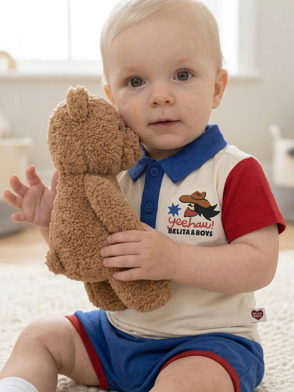 [BABY SET] Cream Cowboy Color Block Collar Shirt & Shorts
