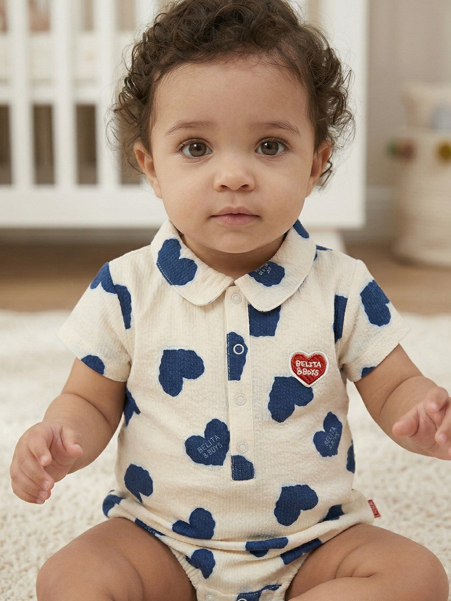BABY Blue Heart Pattern Polysucker Short Collar Bodysuit