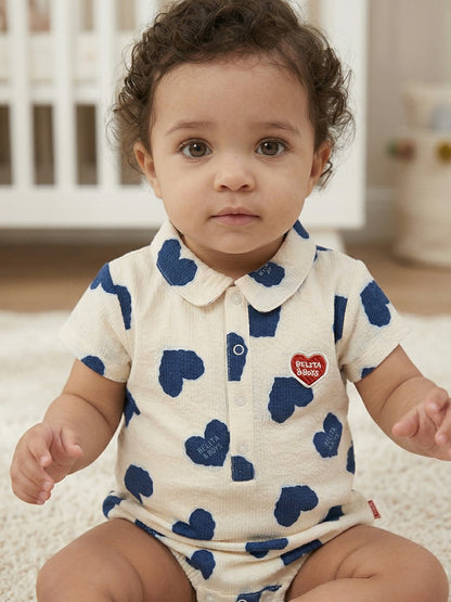 BABY Blue Heart Pattern Polysucker Short Collar Bodysuit