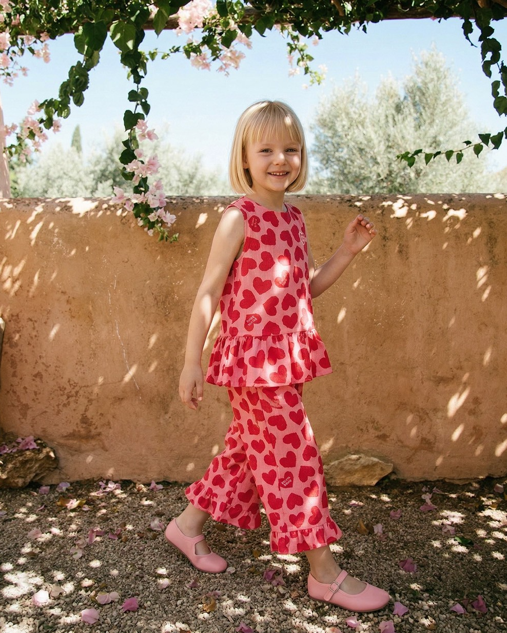 [GIRL SET] Pink BB Heart Pattern Polysucker Blouse & Shorts