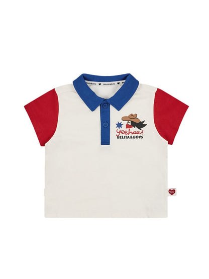 [BABY SET] Cream Cowboy Color Block Collar Shirt & Shorts