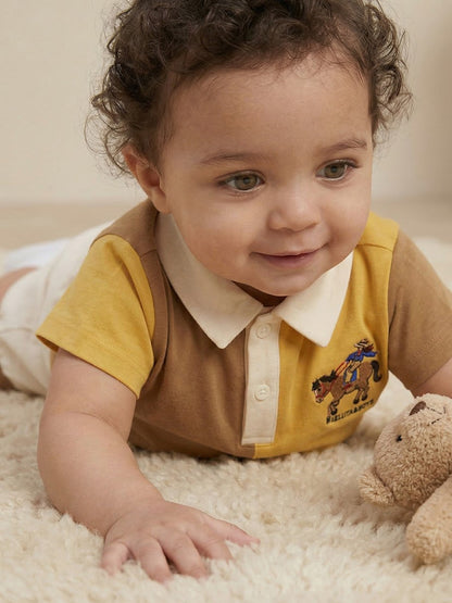 [BABY SET] Yellow Cowboy Half Color Block Collar Shirt & Shorts