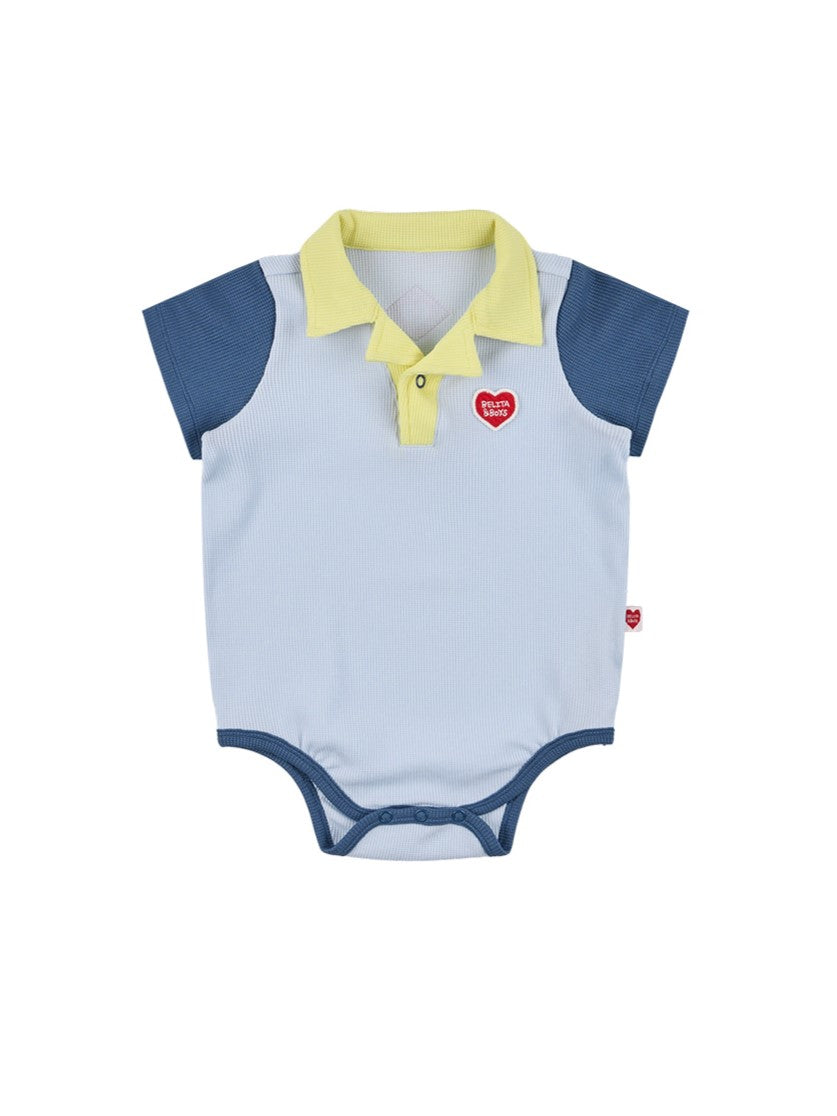 BABY Light Blue BB Heart Color Block Waffle Short Collar Bodysuit