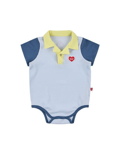 BABY Light Blue BB Heart Color Block Waffle Short Collar Bodysuit