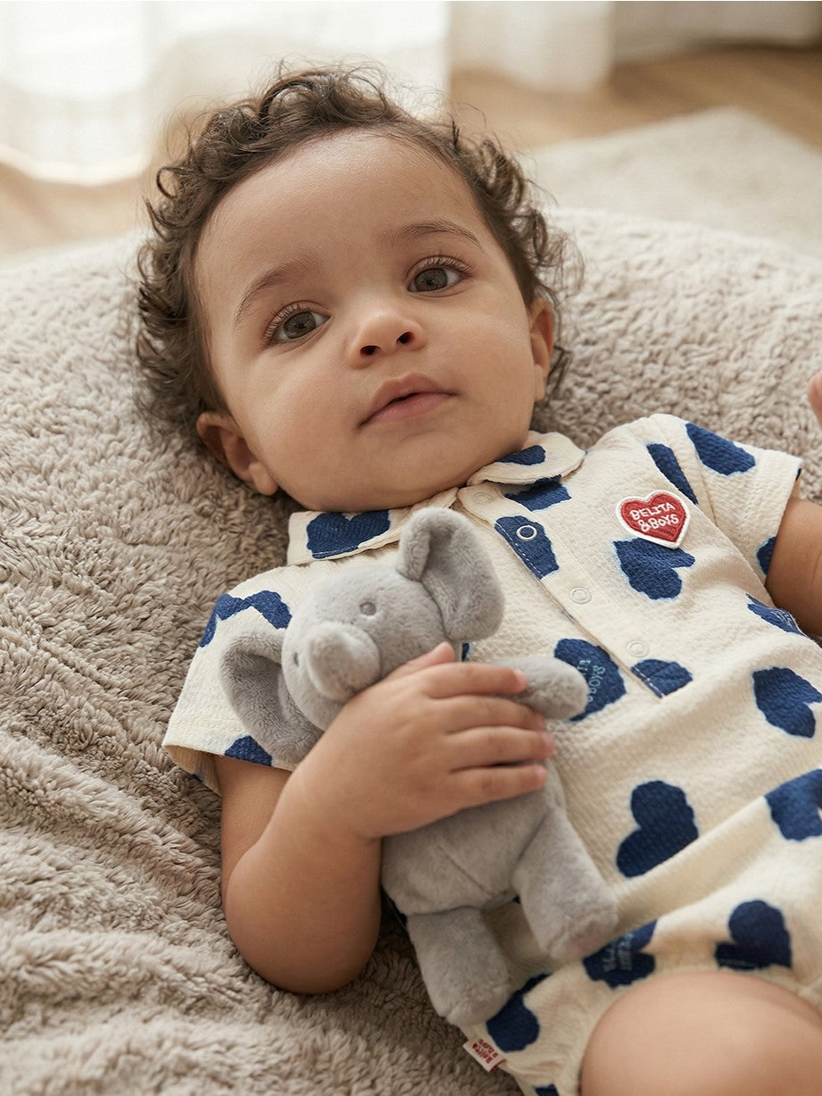BABY Blue Heart Pattern Polysucker Short Collar Bodysuit