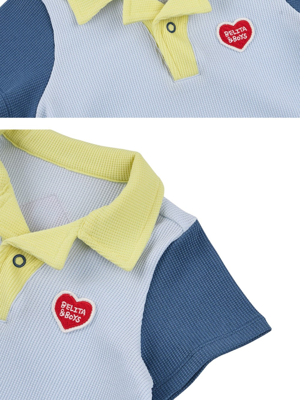 BABY Light Blue BB Heart Color Block Waffle Short Collar Bodysuit