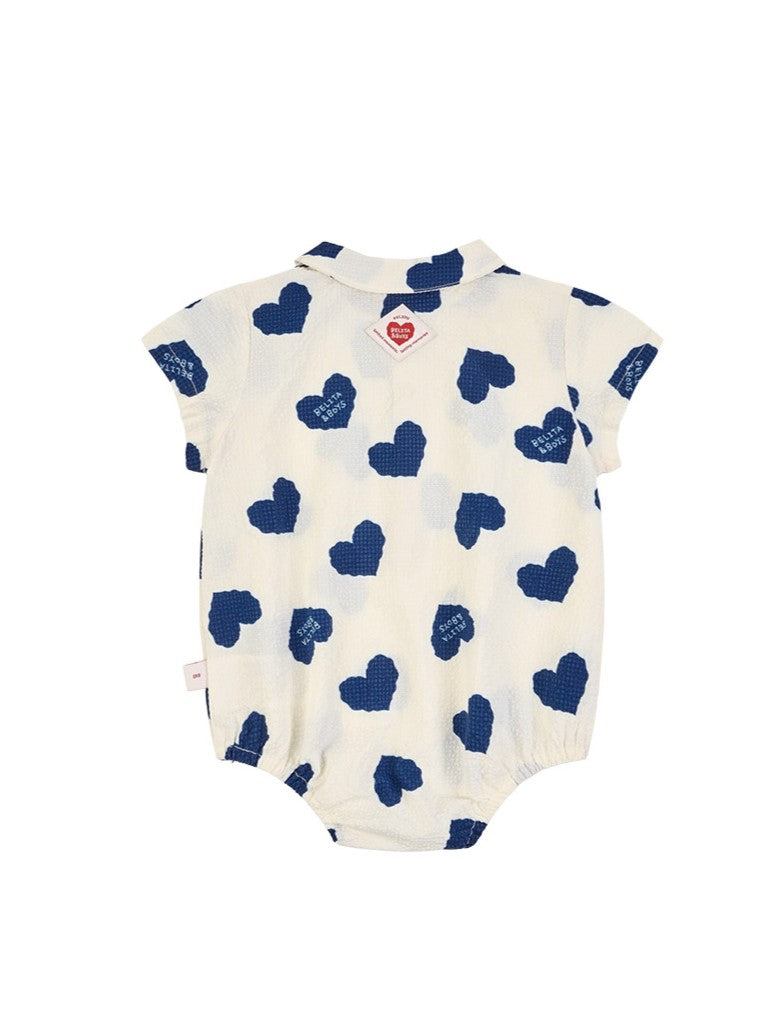 BABY Blue Heart Pattern Polysucker Short Collar Bodysuit