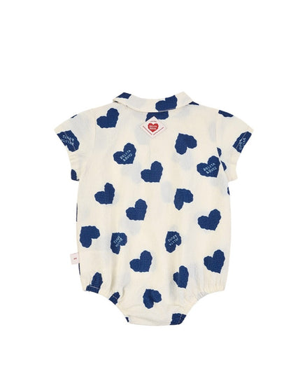 BABY Blue Heart Pattern Polysucker Short Collar Bodysuit
